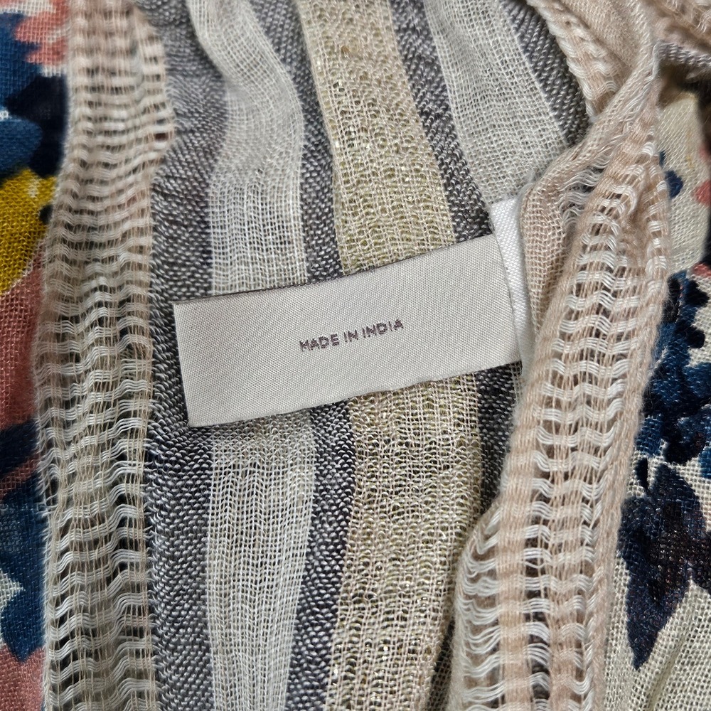Ann Taylor LOFT Floral Scarf Cream Blue Pink Yellow Gauze Frayed Edge Boho Wrap - Picture 7 of 7